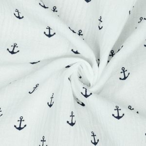 Gauze, Musselin – Double Gauze Weiß mit blauen Ankern
