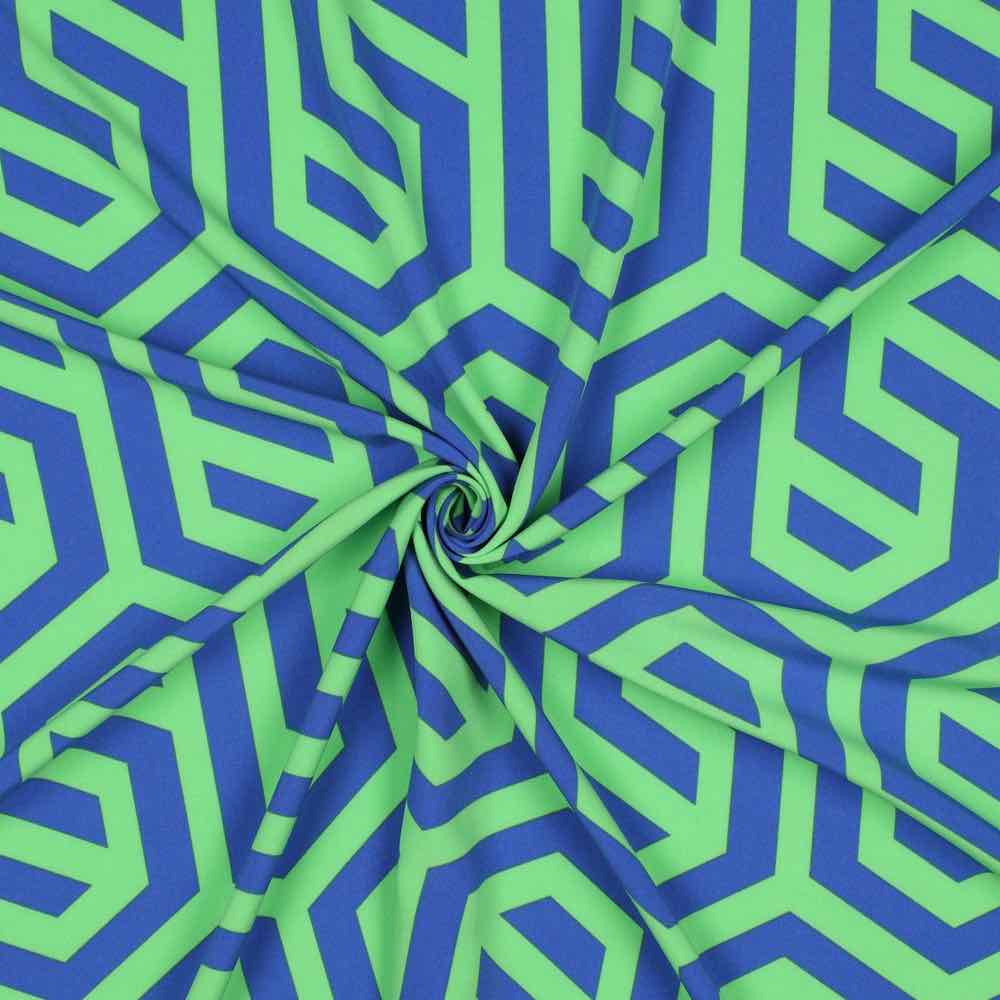 Mischgewebe – Polyester Stretch, grafisches Muster Blau Grün – Bild 2