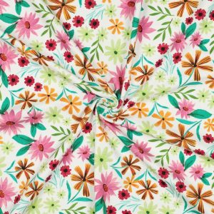 Jersey, Blumen Rosa Pink Grün auf Ecru