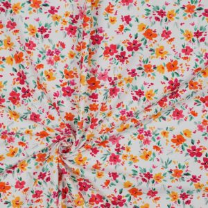 Jersey, Baumwolljersey, kleine bunte Blumen auf Weiß