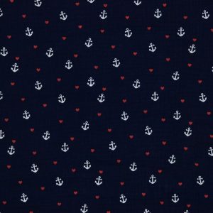 Gauze, Musselin – Marine mit weißen Ankern und kleinen roten Herzen