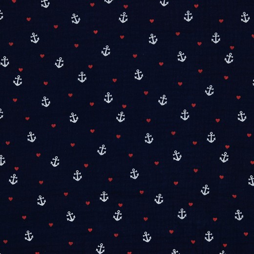 Gauze, Musselin – Marine mit weißen Ankern und kleinen roten Herzen – Bild 3