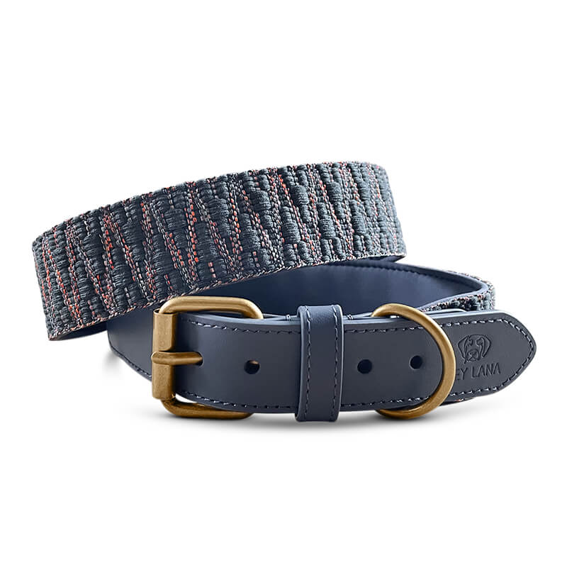 Hey Lana Premium Hundehalsband gepolstert, Rindsleder, gewebte Biobaumwolle, Neopren „Trés chic blau/grau/orange“ XS, S, M, L – Bild 2