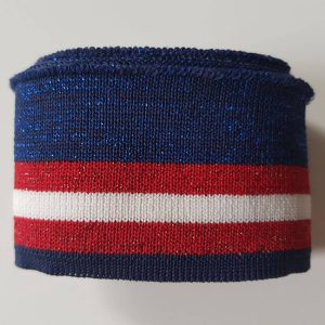 Strickbündchen, Collegebündchen in Blau mit Streifen in Weiß/Rot, 125 x 4,5 cm – Glitzereffekt