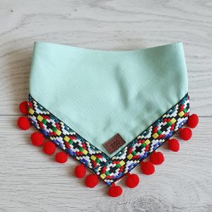 Handgefertigtes Boho-Hunde-Bandana, aus Mexiko, türkis Bommeln (mit Druckknöpfen), L