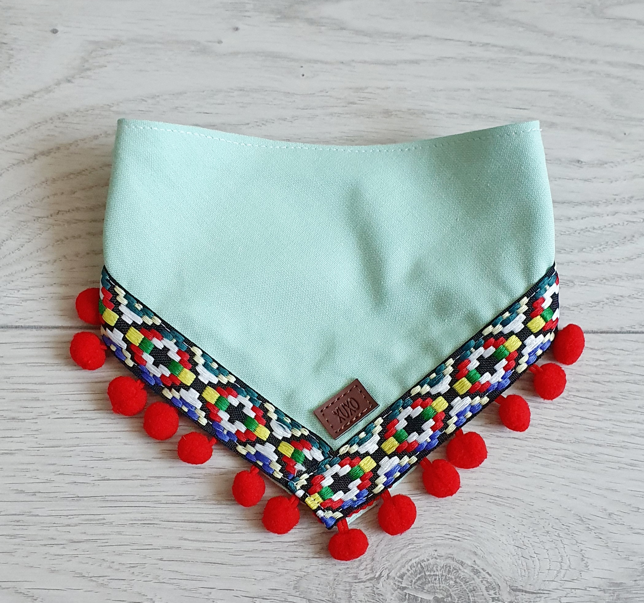 Handgefertigtes Boho-Hunde-Bandana, aus Mexiko, türkis Bommeln (mit Druckknöpfen), L – Bild 2