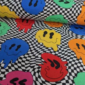 Jersey, bunte Monster Klecksen auf Karo Schwarz / Weiß