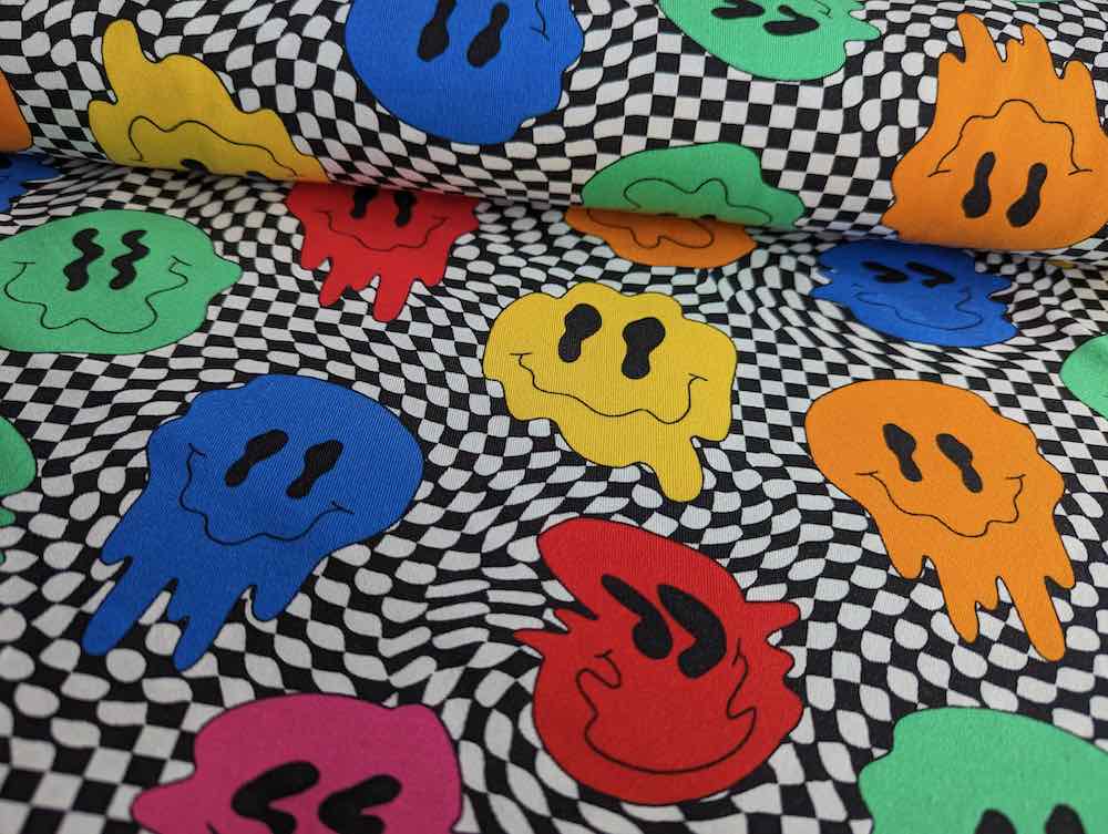 Jersey, bunte Monster Klecksen auf Karo Schwarz / Weiß