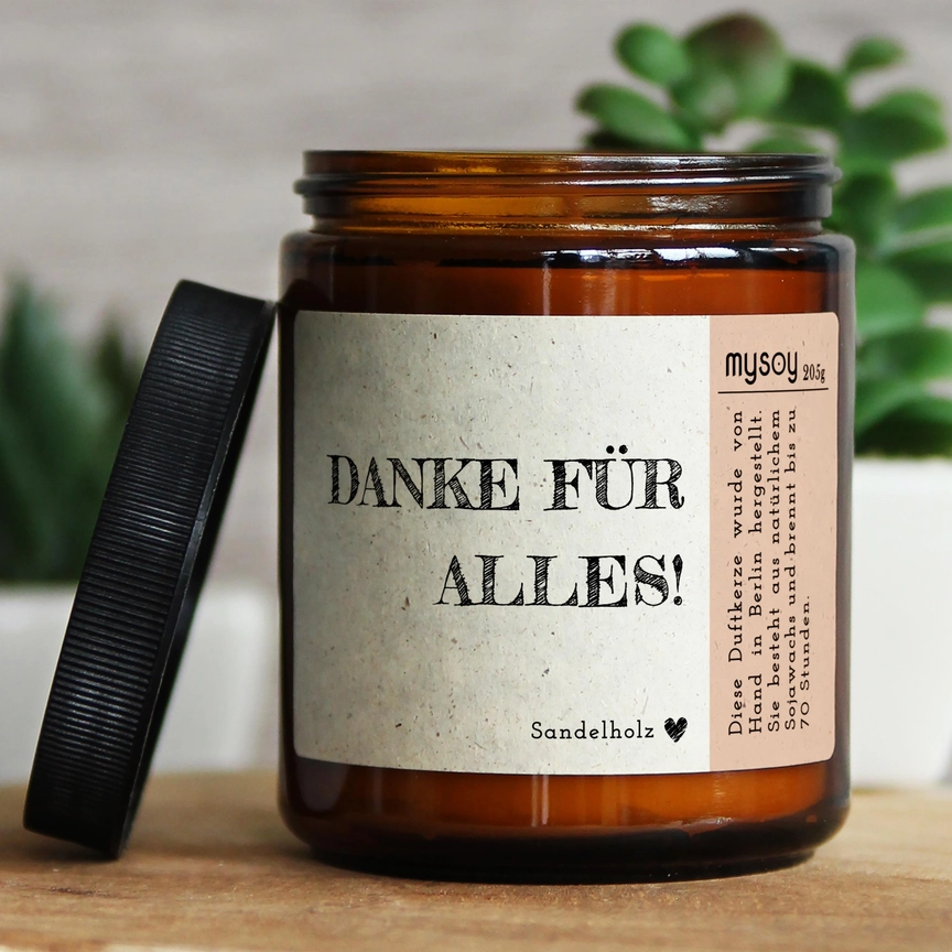 mysoy Duftkerze, handgemacht in Berlin, 100% Sojawachs, hochwertige Duftöle, „Danke für alles“, Sandelholz