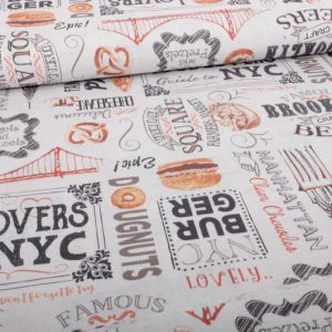 Baumwollstoff, Canvas, mit Burger und Donuts bedruckt auf Weiß