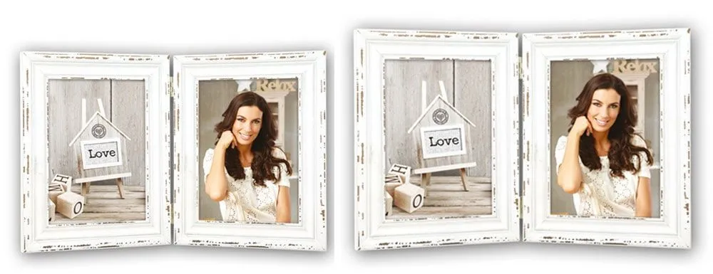 Bilderrahmen Klapprahmen Doppelrahmen Holz weiß Vintage Style 2 Fotos 2 Formate – Bild 2