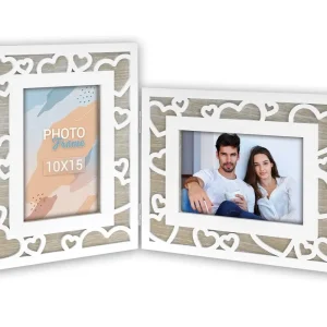 Fotocollage Wechselrahmen 3D Herzdekor Holzrahmen Natur weiß – 1 Stk 10×15 cm