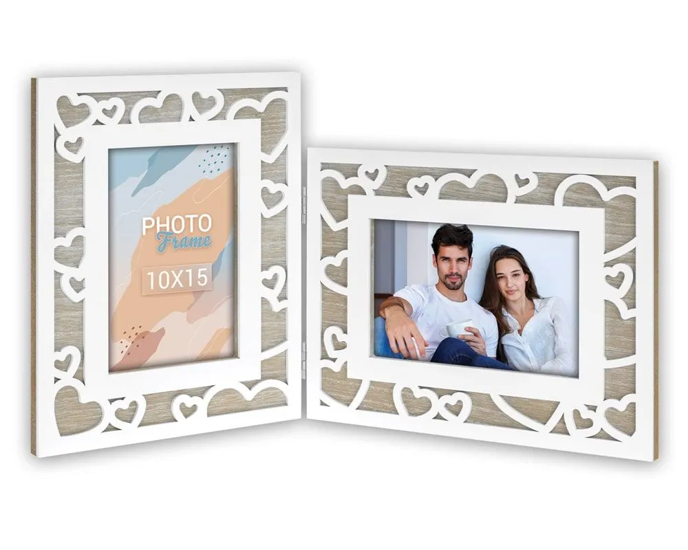 Fotocollage Wechselrahmen 3D Herzdekor Holzrahmen Natur weiß – 1 Stk 10×15 cm