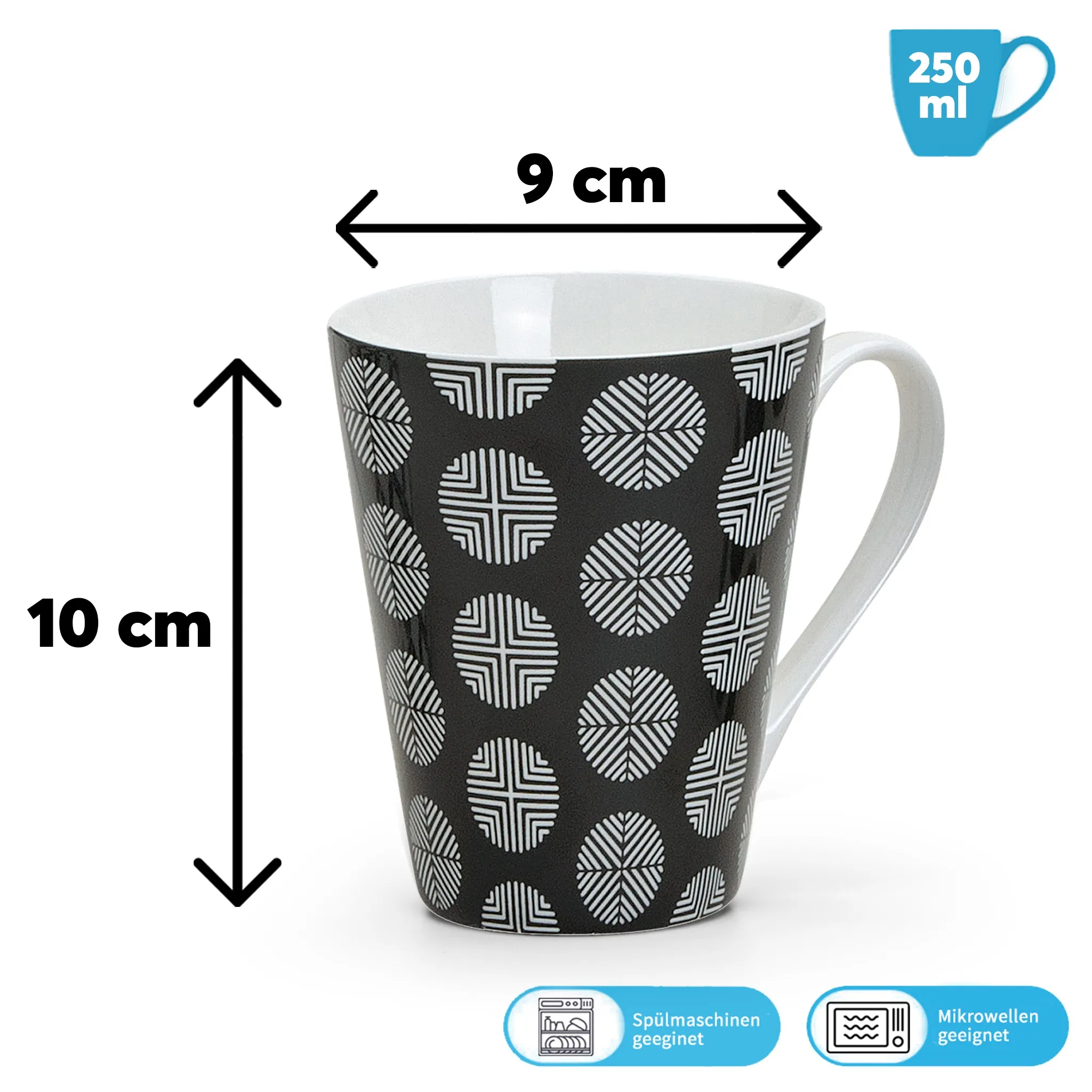 Kaffeetassen Tassen Retro-Design Muster schwarz weiß Keramik 4er Set sort 10 cm – Bild 3