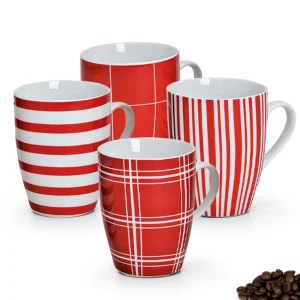 Kaffeetassen Tassen rot weiße Streifen & Karo Designs Porzellan 4er Set sort 10 cm
