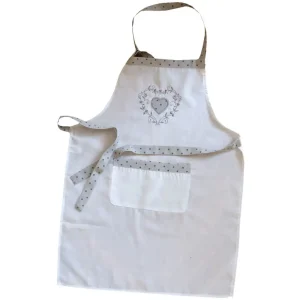 Latzschürze Schürze Landhaus Stickerei Herz cremeweiß grau Punkte 60×80 cm