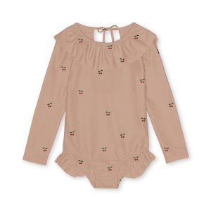 Konges Sløjd – Badeanzug „MANUCA“ langärmelig mit Rüschen, Cherry Blush (9-10J.)