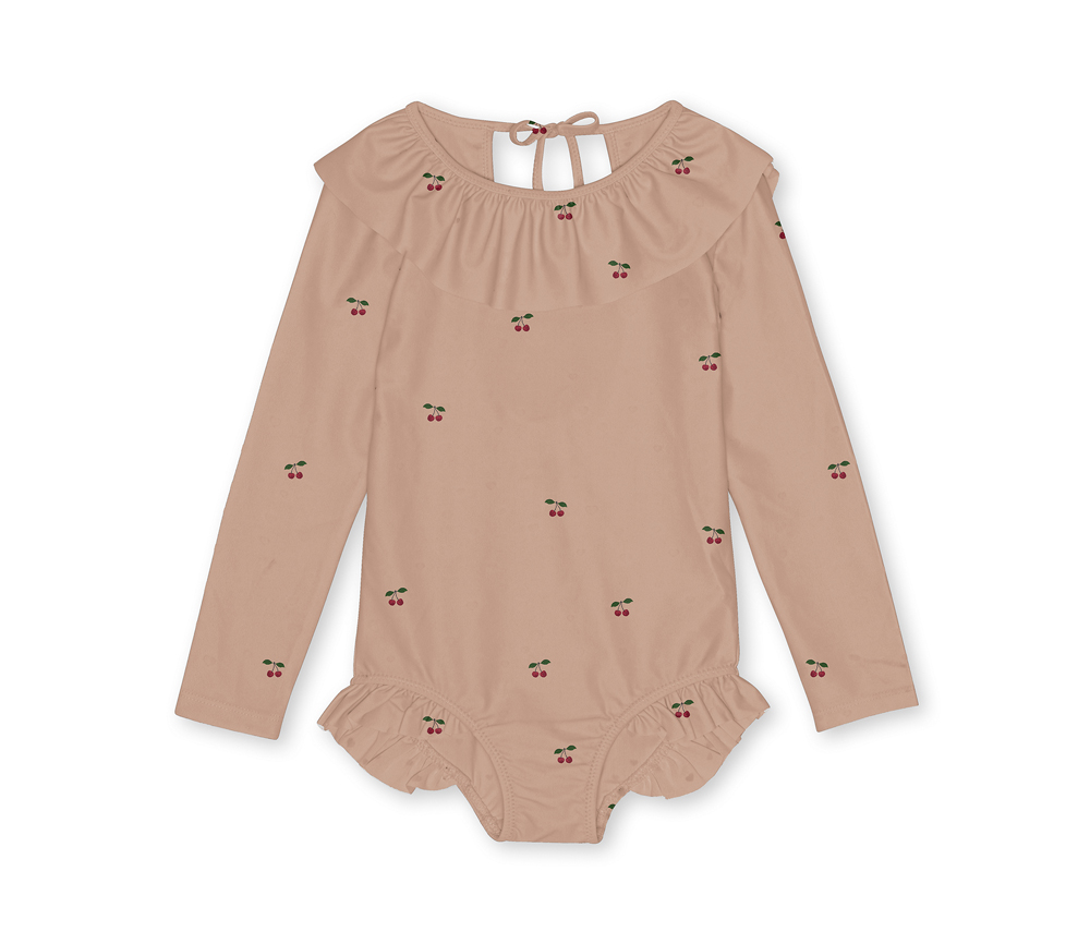 Konges Sløjd – Badeanzug „MANUCA“ langärmelig mit Rüschen, Cherry Blush (9-10J.)