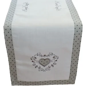 Tischläufer Mitteldecke Landhaus Stickerei Herz cremeweiß grau Punkte 40×140 cm