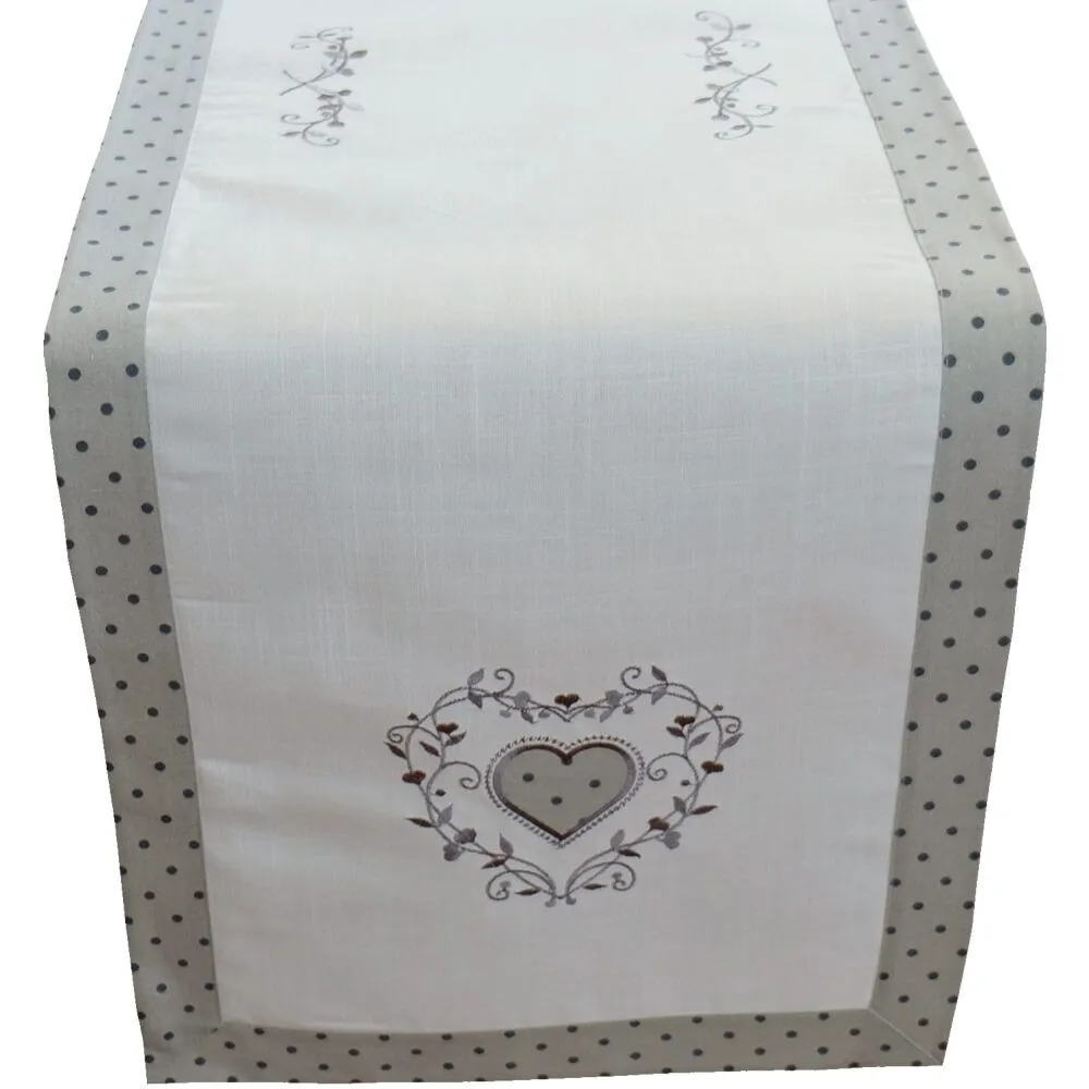 Tischläufer Mitteldecke Landhaus Stickerei Herz cremeweiß grau Punkte 40×140 cm