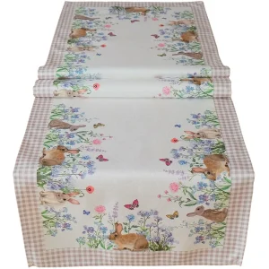Tischläufer Mitteldecke Osterhasen & Wiese & Karo Bordüre Tischwäsche 40×140 cm
