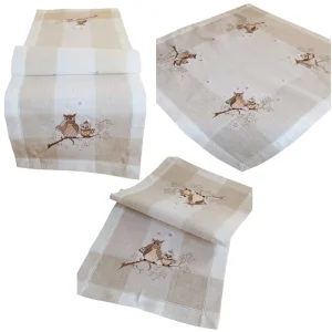 Tischwäsche LILIAN Eule Streifen Stick Mitteldecken beige Poly Leinen 3 Modelle