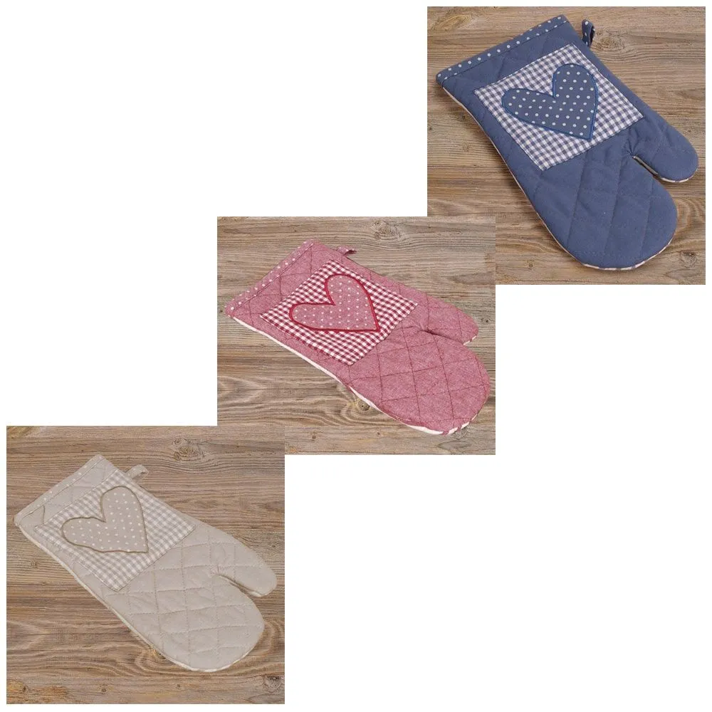 Topfhandschuhe Landhaus Premium LINA Karo & Herz Applikation Ofenhandschuh 3 Farben