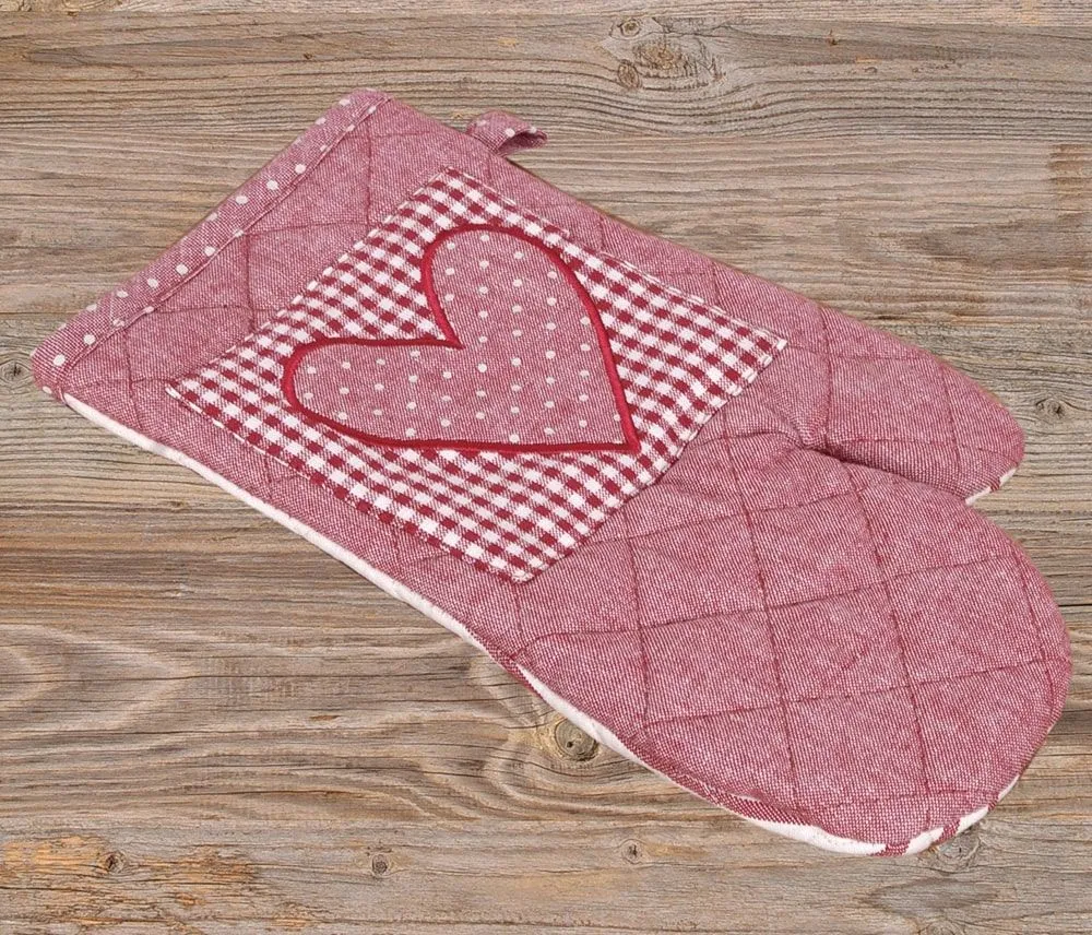 Topfhandschuhe Landhaus Premium LINA Karo & Herz Applikation Ofenhandschuh 3 Farben – Bild 4