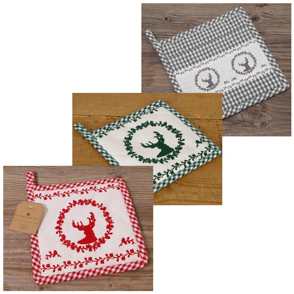 Topflappen Landhaus Premium Stil RESI Hirsch Motiv & kariert Untersetzer 3 Farben – Bild 2