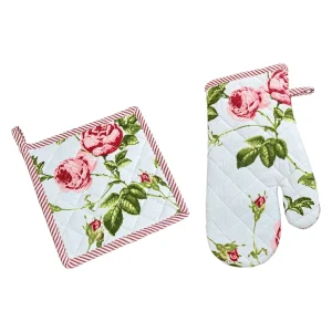 Topflappen Ofenhandschuh DORRIT Set Baumwolle Rosen Design rosa