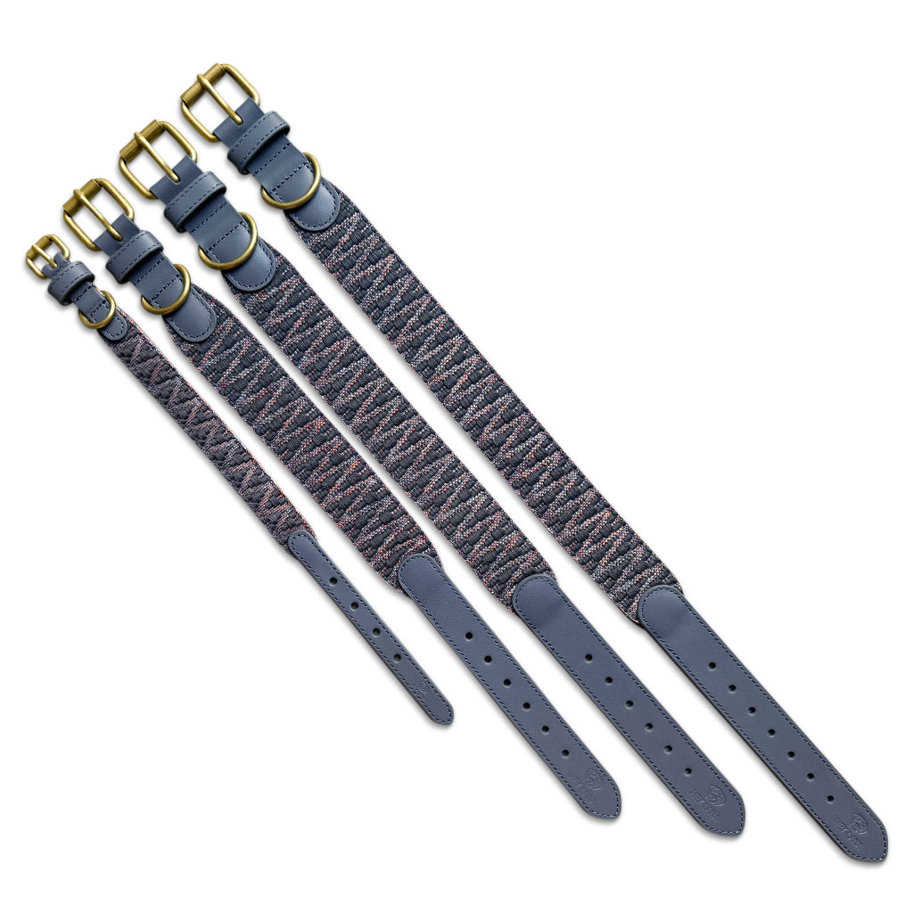 Hey Lana Premium Hundehalsband gepolstert, Rindsleder, gewebte Biobaumwolle, Neopren „Trés chic blau/grau/orange“ XS, S, M, L – Bild 3