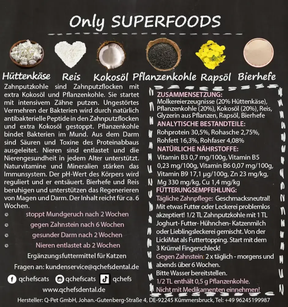 QCHEFS Zahnputzkohle Katze (Zähne sauber & Nieren entlastet, geschmacksneutral, mit Pflanzenkohle) – Bild 3