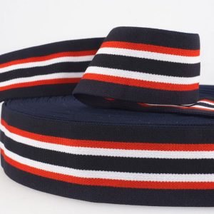Elastic-Band, Gummiband Marine / Rot / Weiß gestreift, 40 mm breit – 3 Meter