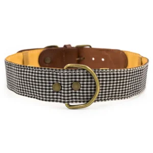 Schwarz/weiß Karo Leder/Stoff-Halsband (XS, M)