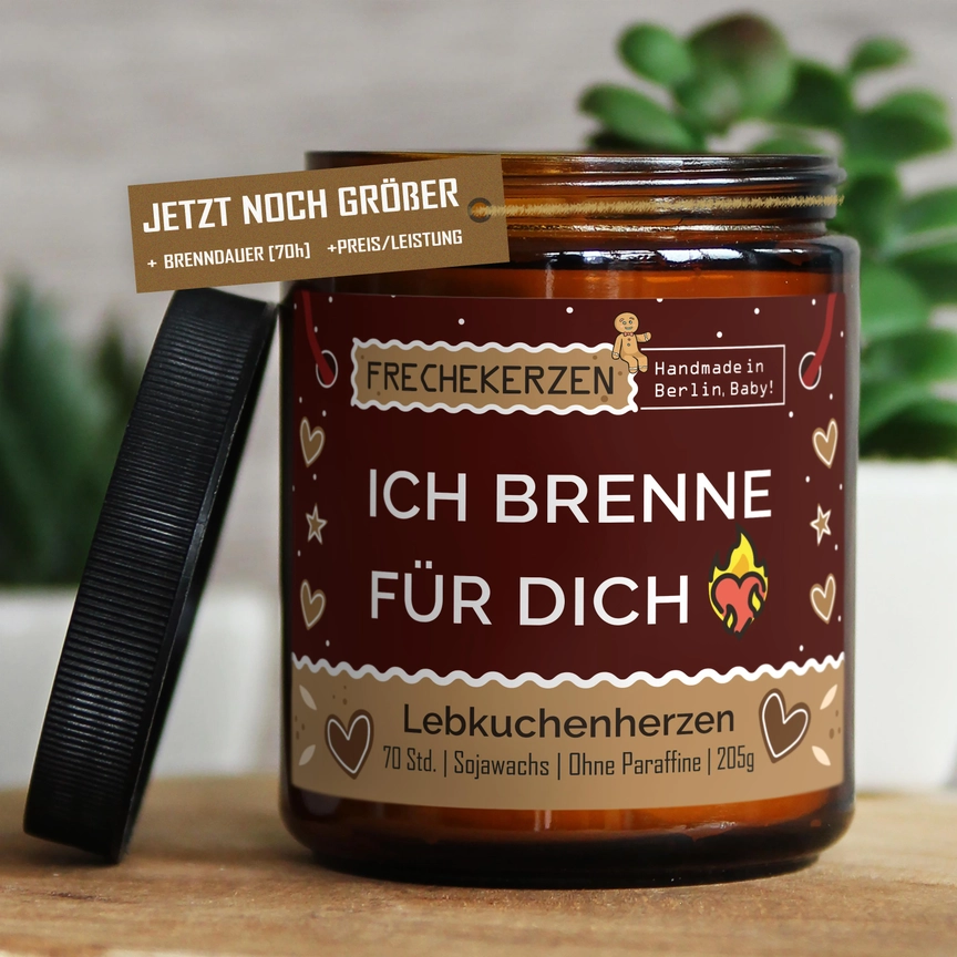 mysoy Duftkerze, handgemacht in Berlin, 100% Sojawachs, hochwertige Duftöle, „Ich brenne für dich“, Lebkuchenherz