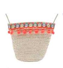 Basttasche mit pinken Bommeln, Naturmaterial/Weizengras, mit Reißverschluss und Innenfutter, weißnatur